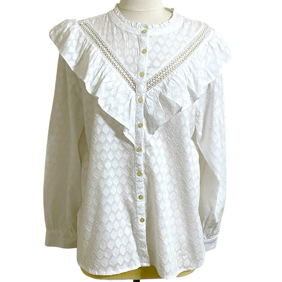 New LOFT White Cotton Romantic Ruffled Prairie Button Down Shirt Medium - Picture 4 of 12